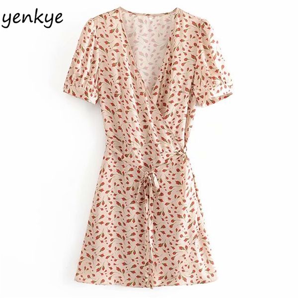 

prairie chic floral print wrap dress women cross v neck short sleeve a-line mini female holiday summer casual robe 210514, Black;gray