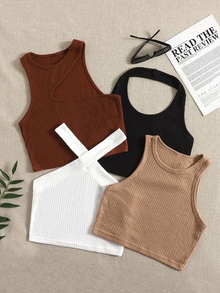 

4pcs solid ribbed knit crop e2us#, White