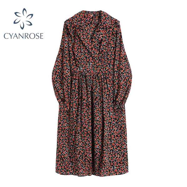 

bohemian vintage beach dress women long sleeve spring v neck floral print frocks female loose high waist slim vestidos 210430, Black;gray