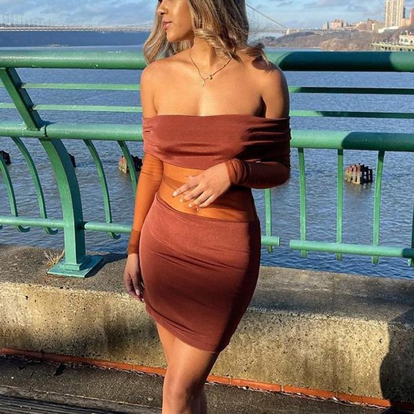 

casual dresses off shoulder mesh dress women see-through beach female solid color boat neck long sleeve clubwear vestidos, Black;gray