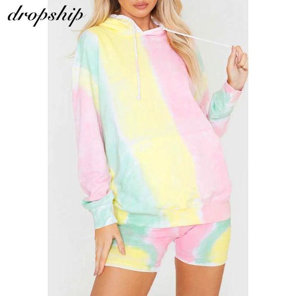

women's tracksuits autumn and winter tracksuit 2 piece set women casual tie dye printed loose hooded sweater + shorts stacked sweatpant, Gray