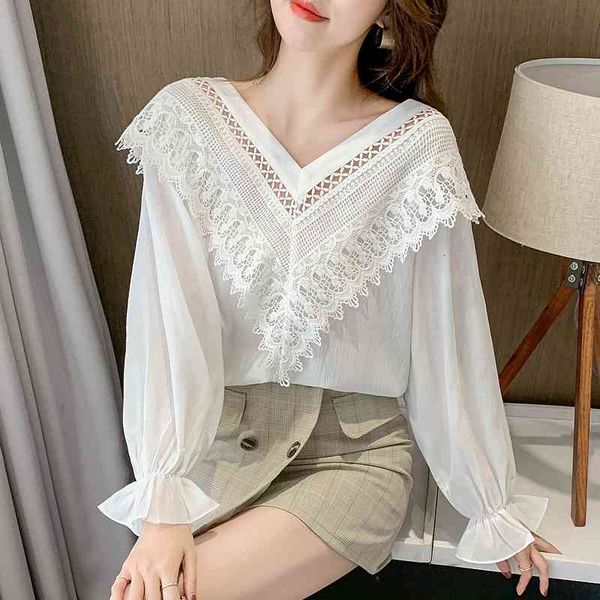 

women's blouses & shirts female lace shirt spring and fall, korean style fan loose collar v small upper white trend qg3o