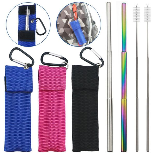 

drinking straws 304 stainless steel metal reusable straw collapsible portable set with cleaning brush woven bag