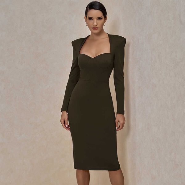 

ocstrade runway fashion crepe sweetheart long sleeve bodycon dress autumn winter green midi club party 210527, Black;gray