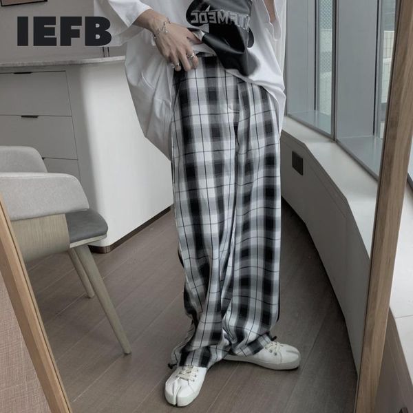

men's pants iefb 2021 summer black and white plaid casual for men drawstring bottoms loose korean trend long trousers chic 9y8255