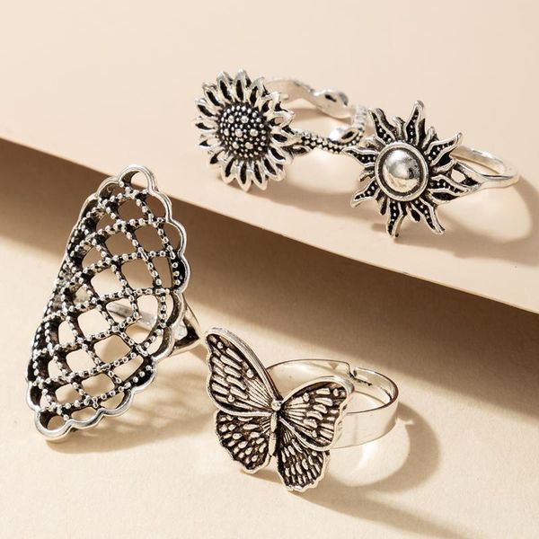 

cluster rings hollow geometroc sun flowers party jewelry 4pcs/sets vintage silver color butterfly ring sets for women 2021, Golden;silver