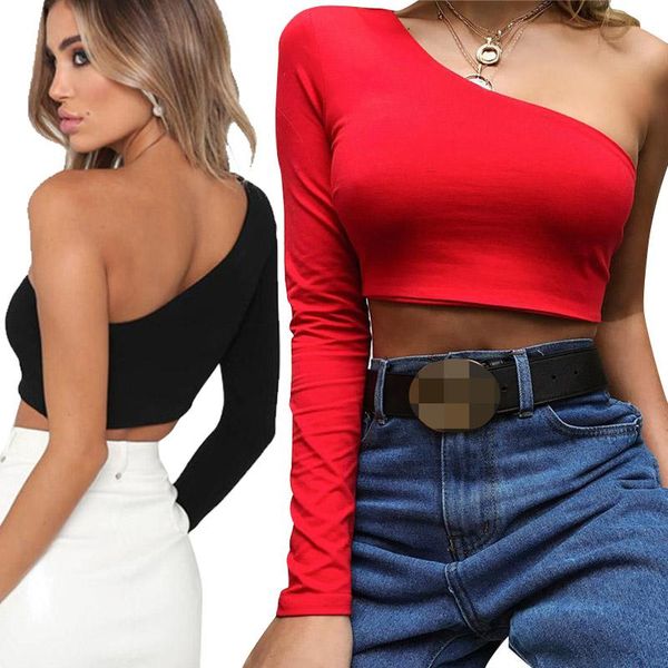 

women's t-shirt one shoulder slope neckline solid long sleeve white black crop 2021 fashion