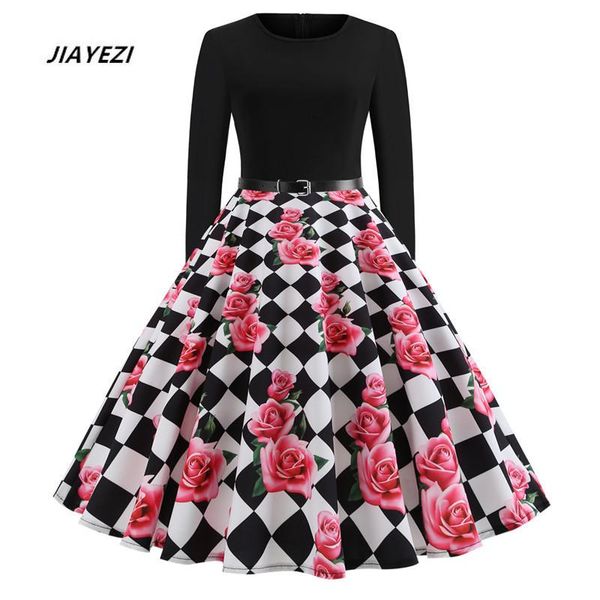 

casual dresses women's long-sleeved round-neck retro peony print dress year's eve party plus a size 3xl black, Black;gray