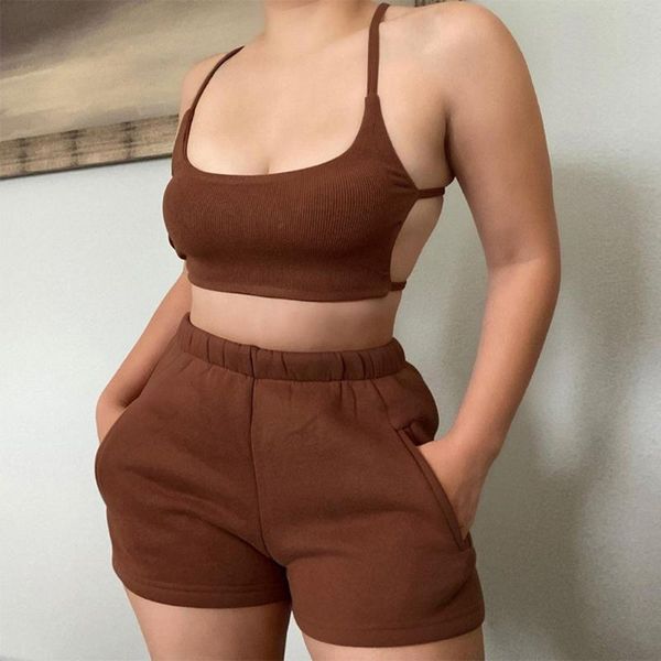 

women's tracksuits backless camis and shorts set clothes vendors for women sporty ribbed fashion casual strap 2 piece tracksuit, Gray