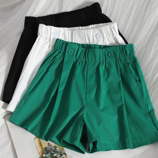 

women's shorts button elastic waist green solid color casual summer slim wide leg korean straight, White;black