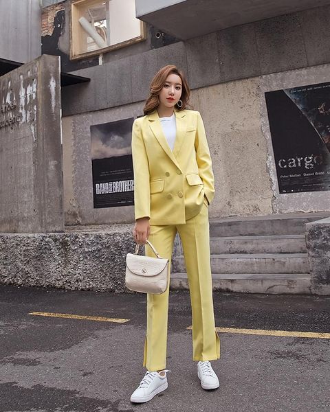 

women's suits & blazers spring korean casual pants elegant loose office lady two-piece pant women suit blazer set, White;black