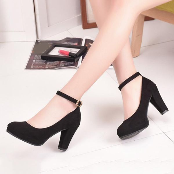 

dress shoes women's fashion pumps sweet woman thick high heels ankle strap flock female platform mary jane women ladies footwear, Black