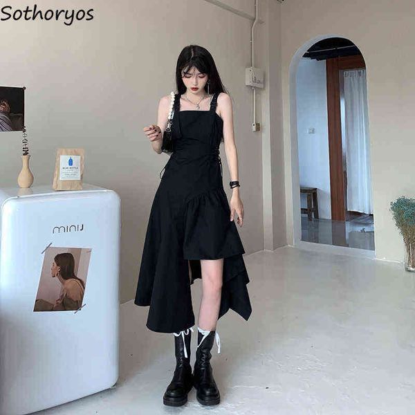 Abito a maniche corte Donna Abiti asimmetrici eleganti senza maniche Cinturino regolabile Sling Girls Street Wear Fashion Empire Ulzzang Y220304