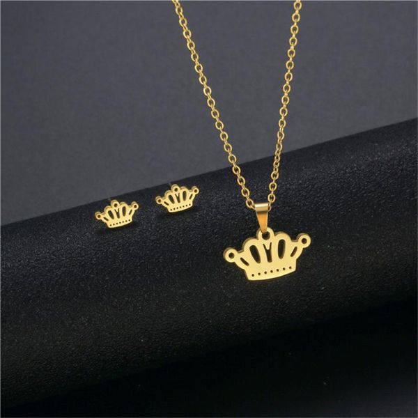 

earrings & necklace women's crown cross pendant set dubai gold color stainless steel african wedding jewelry sets for women girls, Silver