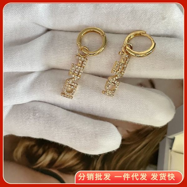 

charms brass gold-plated letters full diamond earrings pearl women's net red same long tassel earrings jewelry, Golden