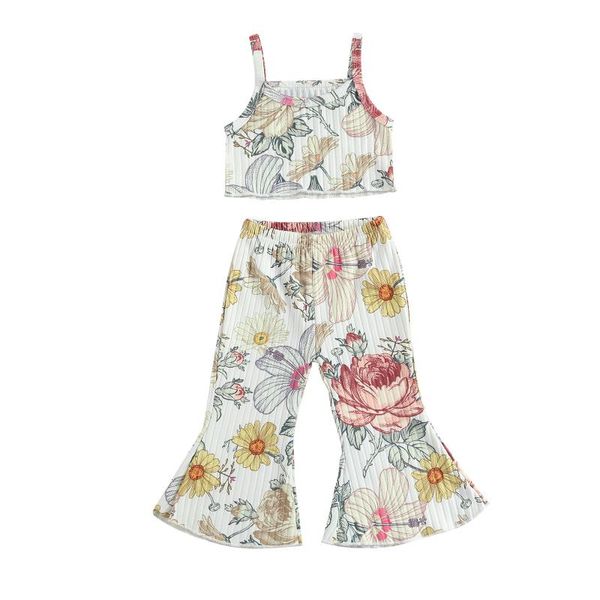 

citgeesummer kids toddler girl outfits sleeveless floral print crop + flare pants clothes fashion set clothing sets, White