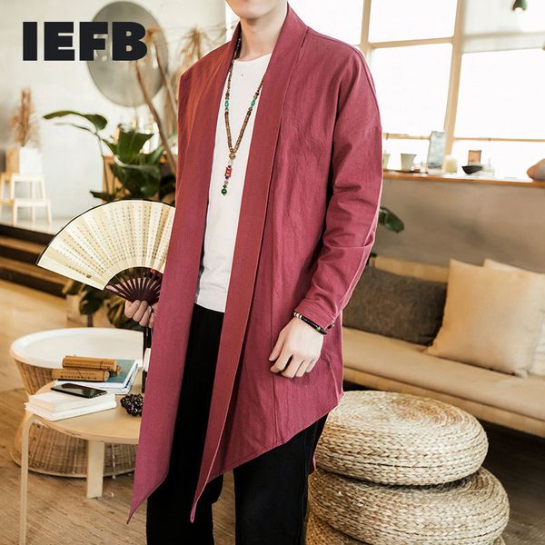 

iefb chinese style shawl collar cardigan big size causal long robe for men spring summer causal cotton linen clothes 210524, White;black