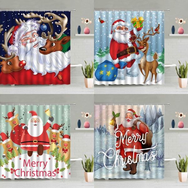 

shower curtains christmas red curtain santa claus tree elk gift box party background decoration bath screen washable with hooks