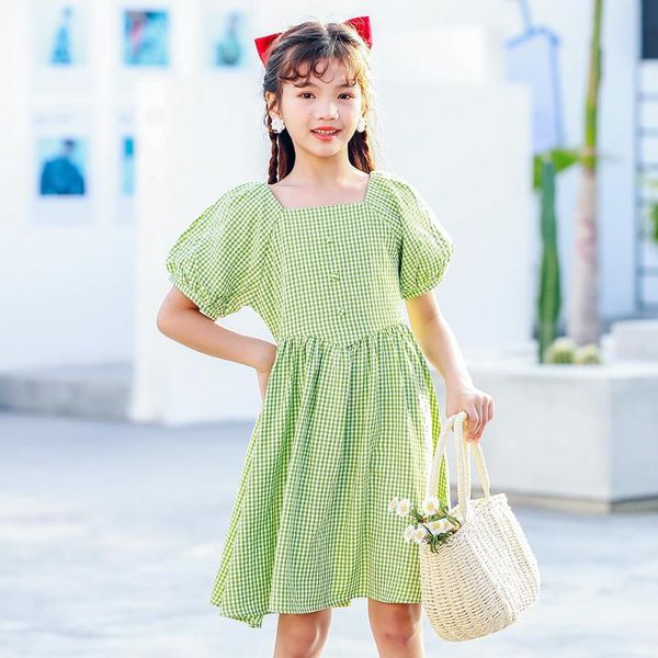 

summer girls dress puff sleeve big square collar plaid for kids clothes korean solid princess 8 10 12 13 y girl's dresses, Red;yellow