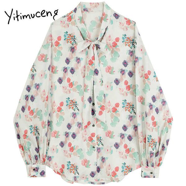 

yitimuceng print bow lace up blouse woman shirts spring autumn french fashion v-neck broadcloth blouses single breasted 210601, White