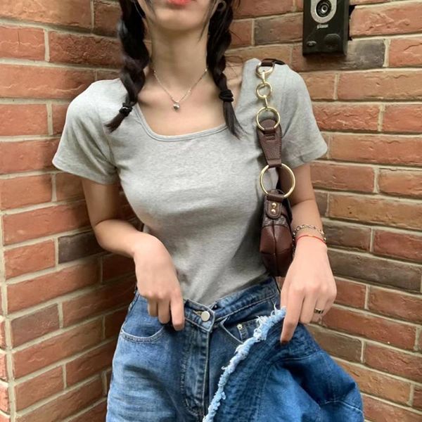 

women's t-shirt 6colors summer korean style basic u neck slim elastic short sleeve t-shirts womens tee shirt femme women 2021 (f4346, White