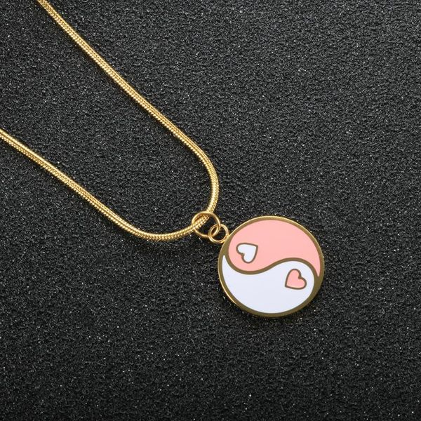 

pendant necklaces vintage pink white color yin yang round necklace tai chi heart for women girl jewelry, Silver