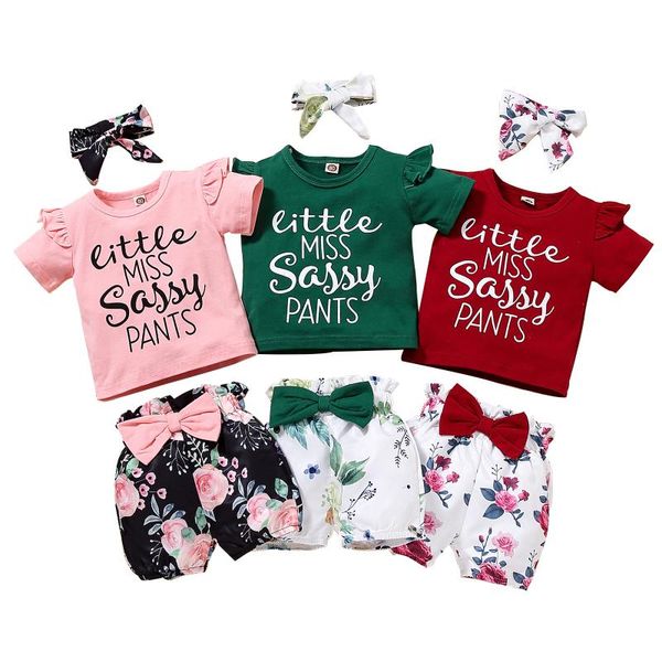 

clothing sets tracksuit 3pcs kids baby girl suit outfits short sleeve letter t-shirt+floral shorts children summer clothes set, White