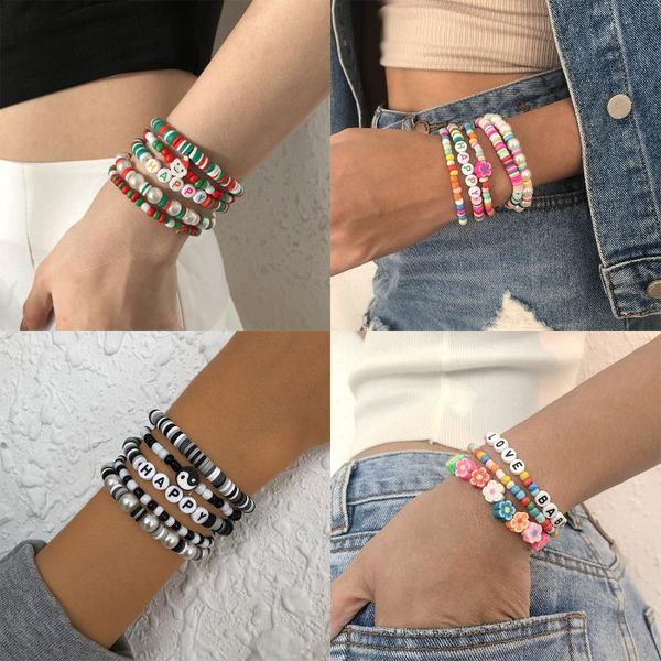 

beaded, strands ethnic multilayer multicolor acrylic beads bracelets for women handmade letter flower bracelet sets bohemian jewelry gift, Black