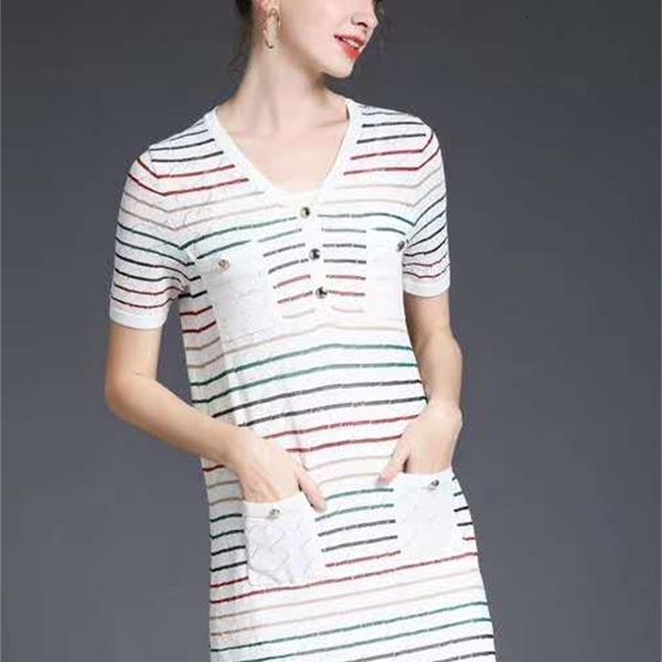 

capris sweater 2021 summer style women v-neck colorful striped patterns knitting short sleeve long pullover, Black;gray