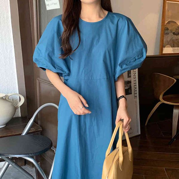 

korea chic fashion casual round neck robe solid color lace lantern sleeves loose midi dress women summer 16w1393 210510, Black;gray