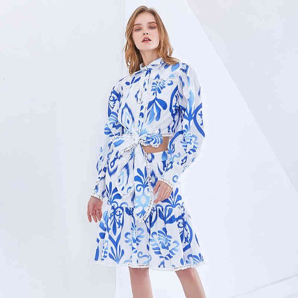 

elegant print two piece set female lapel short shirt high waist midi skirt vintage sets for women spring style, White