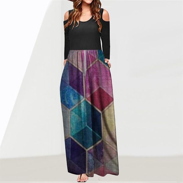 

casual dresses fall for women 2021 pattern printed long dress off the shoulder sleeve maxi vestidos mujer verano, Black;gray