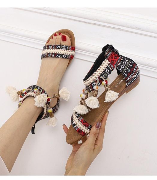

sandals women shoes bohemian female 2021 summer plus size 40-42 roman style fringe flat with designer for, Black