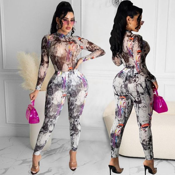 

women's two piece pants zaggin 2021 autumn mesh see through bodycon jumpsuit 2-piece women print sets turtleneck full sleeve long pant, White