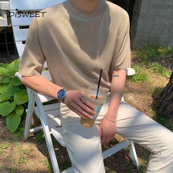 

t shirt men's knitted solid t-shirt korean round neck half loose tees man simple slim summer boy, White;black