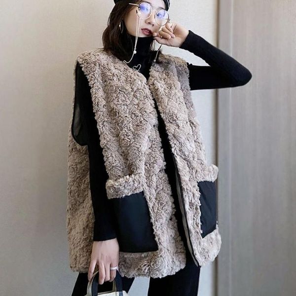 

women's fur & faux 2021 autumn winter women loose lamb vest female imitation plush ladies v-neck sleeveless jackets p669, Black