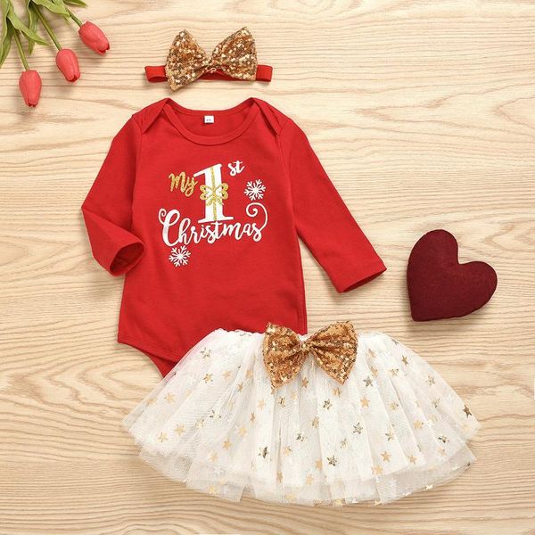

clothing sets baby girls 0-18m my 1st christmas romper+tulle dress outfits set clothes girl winter outfit, White