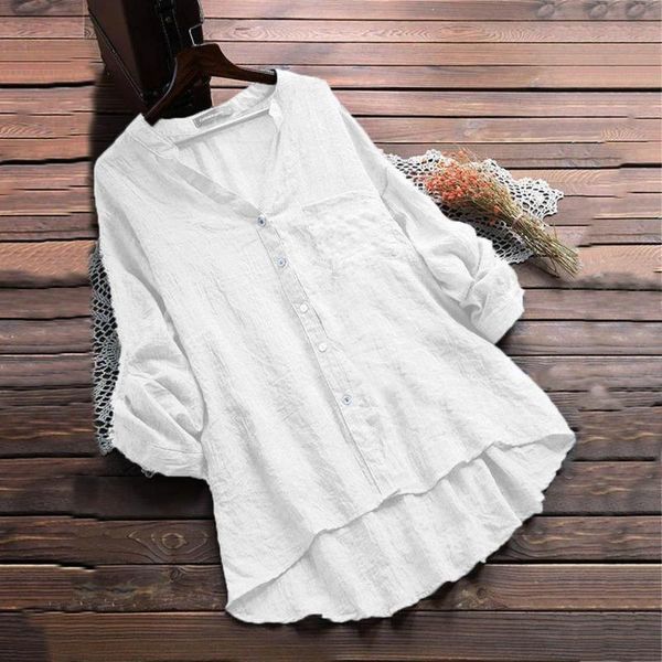 

blusas mujer de moda 2021 women's blouse plus size shirt cotton linen casual see through long sleeve v-neck pocket ed blouses & shirts, White
