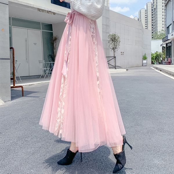 

skirt summer style bow pleated ankle-length mesh pacthwork sweet tulle long, Black