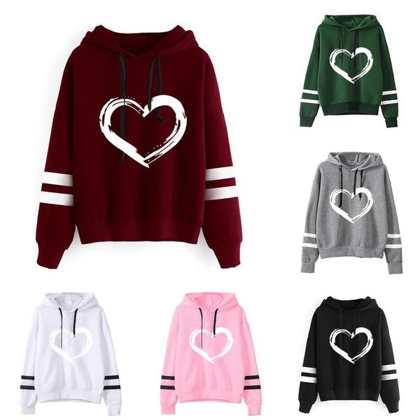

heart print hoodies women casual autumn and winter pullover hooded drawsting long sleeve striped sweatshirts sudadera mujer, Black