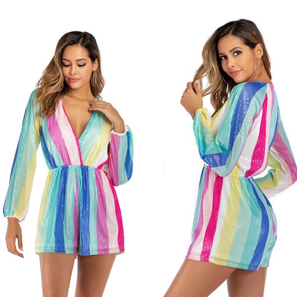 

fashion dress women's striped jumpsuit sequin deep v long sleeve shorts, Black;pink