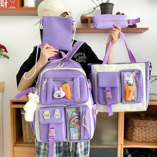 

4 pcs sets childrens school backpack kawaii womens backpack bookbag school bags for teens girls mochilas 2021