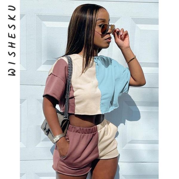 

women's tracksuits women patchwork contrast color t-shirt short sleeve sweatshirt outfits two piece set elastic waist joggers shorts 20, Gray