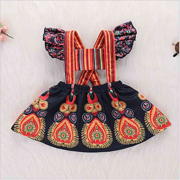 

girls' woven cotton national wind pattern printed princess skirt, White;black