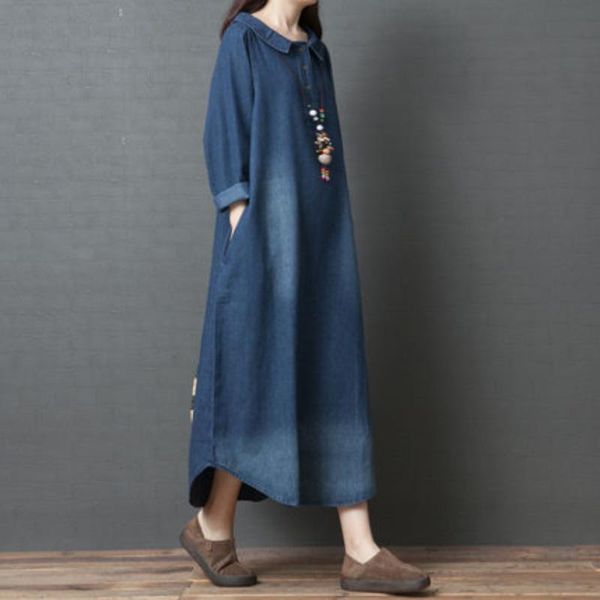 

casual dresses women loose denim shirt vintage single breasted collar maxi dress office lady long sleeve autumn midi robe, Black;gray