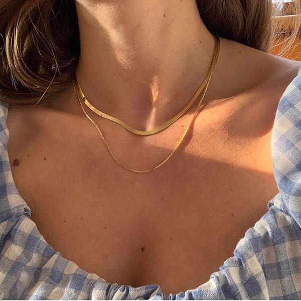 

pendant necklaces korean fashion charm women snake chain choker necklace stainless steel gold silve color flat herringbone chokers link for, Silver