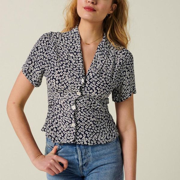 

women's blouses & shirts zoulv 2021 spring temperament casual flower printed lapel v-neck short sleeve shirt summer, White
