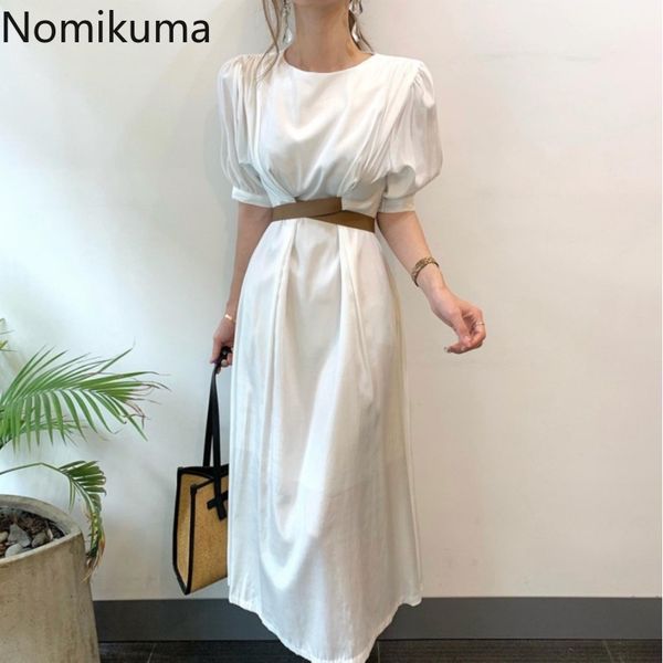 

nomikuma slim waist lace up elegant dress women solid color o nech short sleeve dresses summer chic vestidos mujer 210514, Black;gray