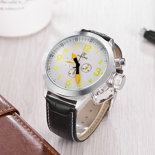 

montre homme fashion luxury brand oyw automatic mechanical men's watches men's leather band analogue white, Slivery;brown