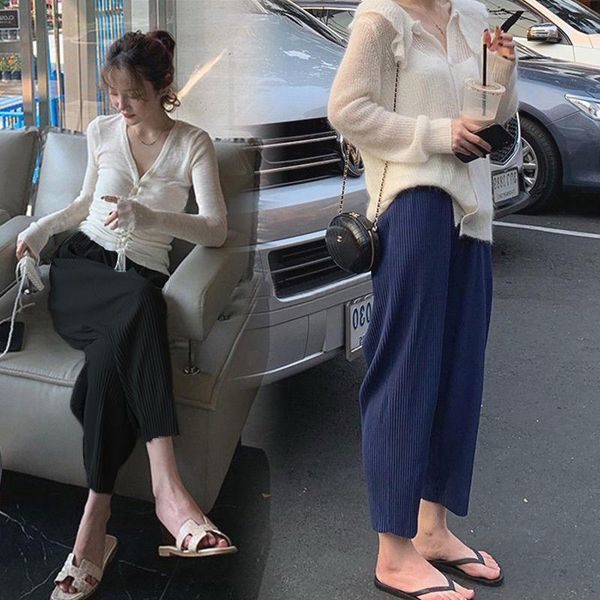 

women's pants & capris women 2021 spring autumn fashion tide casual loose wide leg female elastic waist high pleated chiffon trousers g, Black;white